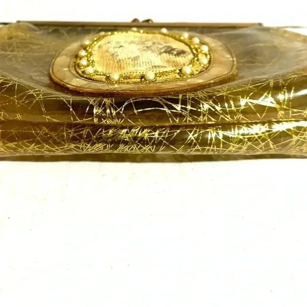 Vintage clear plastic gold inlay embroidered purse/ clutch